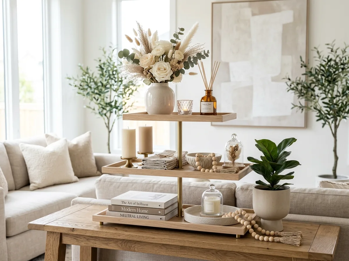 Elegant Neutral Summer Tray for 10 summer tiered tray decor ideas for a fresh home look